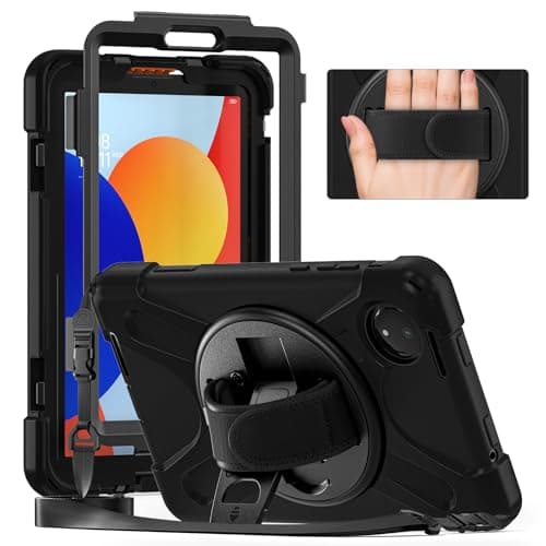 FONREST for Xiaomi Redmi-Pad-SE 8.7'' 2024 Rugged Case with Swivel Kickstand Hand Grip Shoulder Strap, Portable Heavy Duty PC+Silicone Hybrid Shock-Proof Protective Armor Cover Kids-Friendly (Black)