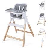 BABY JOY 4-in-1 Convertible High Chair, Foldable Wooden Highchair for Babies and Toddlers | Dining Booster Seat | High Stool, Double Removable Tray, 5-Point Safety Harness & Easy Clean Cushion (Gray)