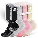4 Pairs Non-Slip Pilates Socks for Women,Yoga Socks with grips,Ankle Grippy Socks for Barre,Hospital,Gym,Fitness,Dance,Home,Barefoot,Black,Gray,Pink,Off White,Unisex,Anti skid,Comfortable&Breathable