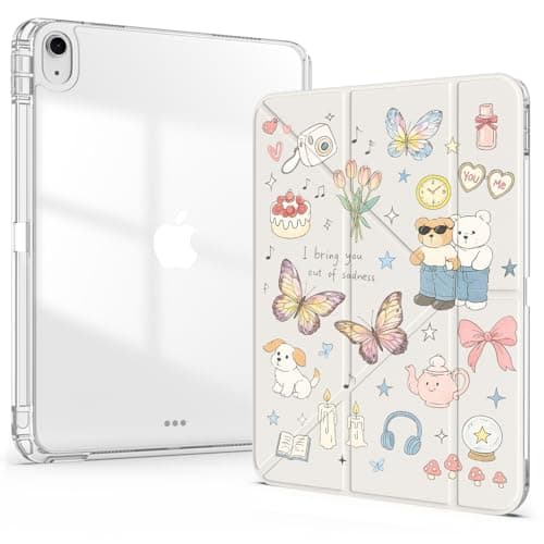 Idocolors Cute Case for 11 Inch iPad Air 2025 M3/iPad Air 2024 M2, Clear Acrylic Back Case with Pencil Holder, Detachable Mutil Angles Folding Y-Shaped Stand Cover, Butterfly Bear