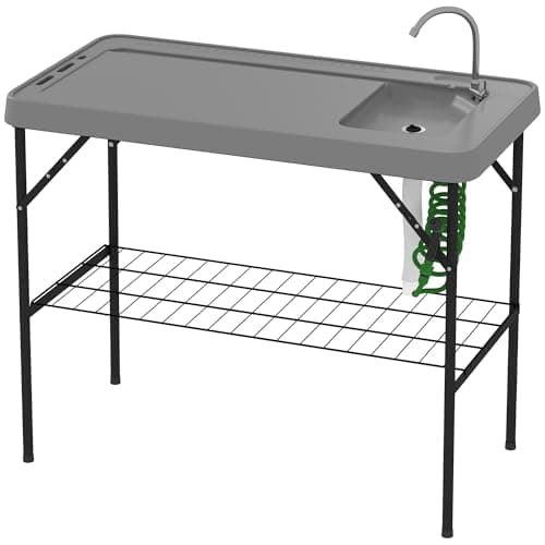 Sturdy Foldable Fish-Cleaning Surface with Built-in Sink, Faucet, Drain Hose, Spraying System, Adjustable Shelf, Steel Gray