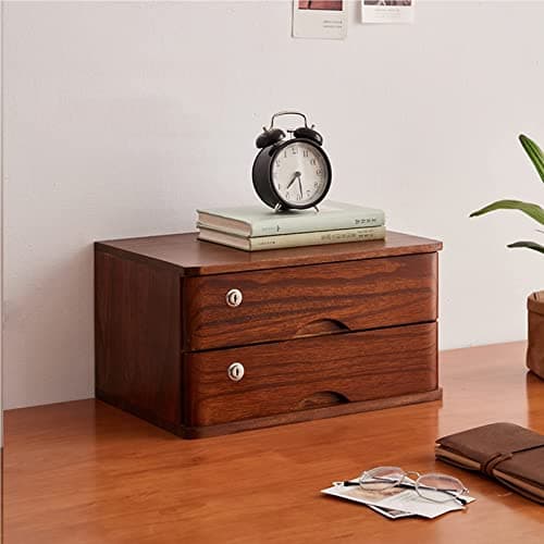 Solid Wood Desktop Storage Box with Drawers File Cabinet Lockable Desktop File Storage Monitor Stand 2 Drawer Chest for Office Supplies & Documents