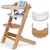 Cowiewie Natural Wooden Baby High Chair with Cushions & 3-Tier Remove Adjustable Tray Cushion, Easy to Clean & Natural Wooden Ergonomic Design, Highchair for Babies & Toddlers 6-36 Months, Blue