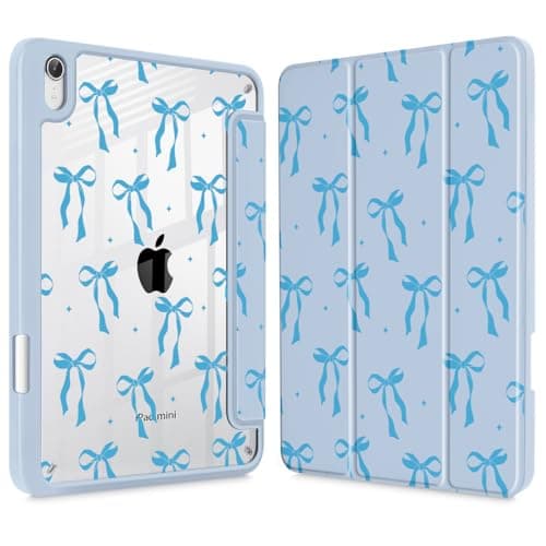 ICEKEE Case for iPad mini (A17 Pro,7th Generation) 2024/iPad Mini (6th Gen) 8.3 Inch, [Built-in Pencil Holder] Shockproof Cover with Clear Transparent Back Shell & Auto Wake/Sleep - Blue Ribbon Bow
