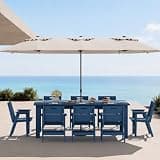SERWALL 76" HDPE Outdoor Dining Set, 10 Pieces Patio Furniture with Rectangular Table, 8 Chairs & 1 Umbrella (Base Not Included), All-Weather Outdoor Dining Set for Backyard Deck Balcony, Blue