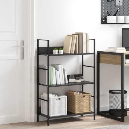 Drillkyn Black Engineered Wood and Steel Shelf Cabinet, Medium 3-Layer Bookshelf Storage Organizer for Living Room Bedroom Office, Industrial Style Display Rack Unit
