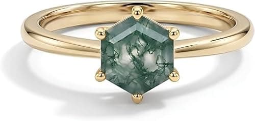 Hexagon Cut Moss Agate Solitaire Engagement Ring, 925 Sterling SilverSimple Engagement Rings (Rose Gold Plated, 9.5)
