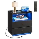 WLIVE LED Nightstand with Wireless Charging Station, Motion Sensor LED Bedside Table, 2 Drawers and 1 Open Storage Shelf, Modern Night Stand for Bedroom & Gaming Room, Black
