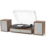 Vinyl Record Player with External Bookshelf Speakers, 33-1/3 45 78 RPM Vintage Bluetooth Stereo Turntable for Vinyl Records,Belt-Driven System, Auto-Stop, Support AUX/RCA, Tan Oak Finish