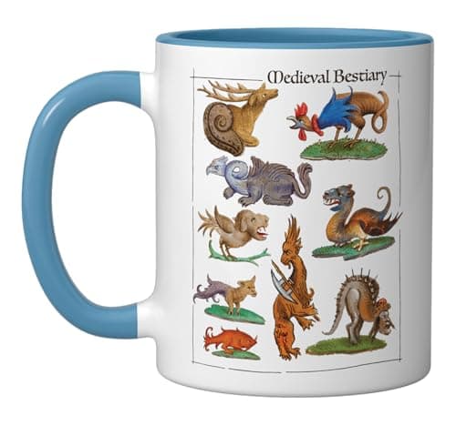 Medieval Bestiary Funny Illuminated Manuscript Art Ceramic Mug, Blue/White