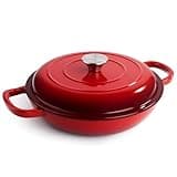 3 Quart Enameled Cast Iron Braiser, Non Stick Enameled Cast Iron Skillet with Lid, Dutch Oven Skillet with lid up to 500°F for Oven, Stove, Grill, Shallow Dutch Oven for Cook, Bake (Red)