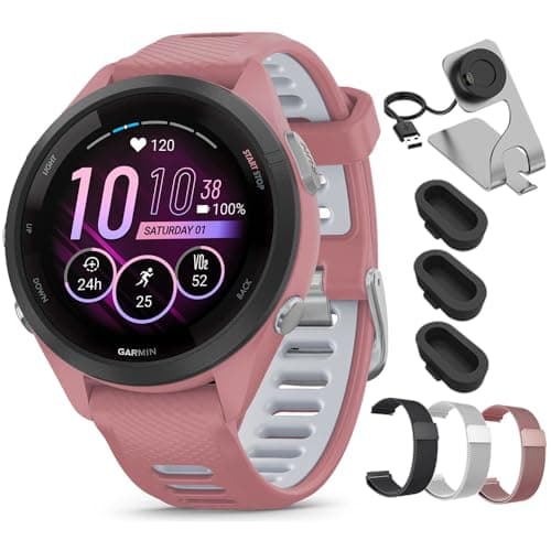 Garmin Forerunner 265S GPS Smartwatch Light Pink/Whitestone 010-02810-05 Bundle with Deco Essentials 18mm Metal Bands 3 Pack, Charging Dock and Silicone Dust Cover 3 Pack