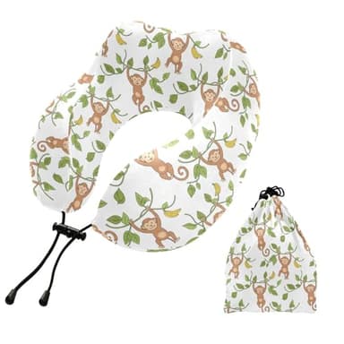 SPRIPORT Monkeys Bananas White Print Travel Neck Pillow for Sleeping Airplane Memory Foam Neck Support Pillow with Storage Bag Airplane Pillow for Office Home Car Train Bus Long Flight Adults Kids