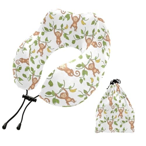 SPRIPORT Monkeys Bananas White Print Travel Neck Pillow for Sleeping Airplane Memory Foam Neck Support Pillow with Storage Bag Airplane Pillow for Office Home Car Train Bus Long Flight Adults Kids