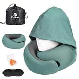 Vzpeun Travel Pillow - Hooded Neck Pillow Airplane Memory Foam Filling for Plane, Office, Cars Sleeping, Road Trip, Long Flights, Airplane Travel Essentials, Includes Eye Mask & Earplugs (Green)