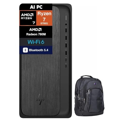 HP OmniDesk AI PC Desktop (AMD Ryzen 7 8700G, 64GB DDR5, 4TB PCIe SSD, AMD Radeon 780M, 400W PSU, WiFi 6, Bluetooth 5.4, RJ-45, 1 Display Port, HDMI, Win 11 Home) w/Premium Backpack