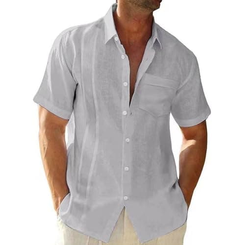 MARSVOVO Summer 2025 Shirts for Men Lapel Solid Color Cotton Linen Comfort Breathable Short Sleeve Blouses Casual Beach Vacation Basic Tops Trendy Clothes Going Out Outfits Grey,S