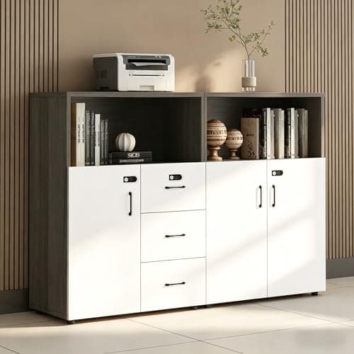 HSHBDDM File Cabinet with Password Lock, Wood Lateral Filing Cabinet for Letter/A4 Files, 3 Drawer with Door, Printer Stand with Open Shelves for Home Office