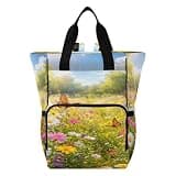 Nesatuwa Spring Meadow Wildflowers Diaper Bag Backpack Waterproof Large Capacity Multifunctional Diaper Bags with Insulated Pockets and Stroller Straps Travel Backpack for Baby Girl/Boy