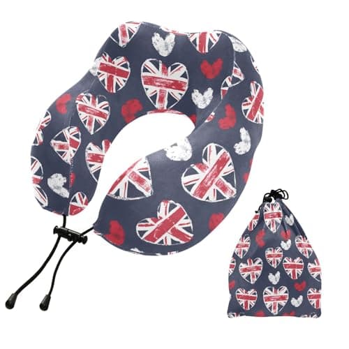 FENOCHE British Flag Love Hearts Memory Foam Travel Neck Pillow Ergonomic Neck Support Cushion Portable Plane Accessories for Airplane Car Office Sleep Rest