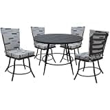 Pemberly Row 5-Piece Outdoor Patio Dining Set, 42-Inch Round Metal Table, Blue Beige Gray Machine Washable Fabric Cushions, Powder Coated Gray Frame, 360-Degree Swivel Armless Chairs for