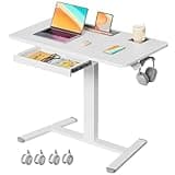 JYLH JOYSEEKER Mobile Standing Desk with Drawer, 35" Small Standing Desk with Cup Holder, Rolling Laptop Desk on Wheels, Height Adjustable Desk with Storage for Home Office, White