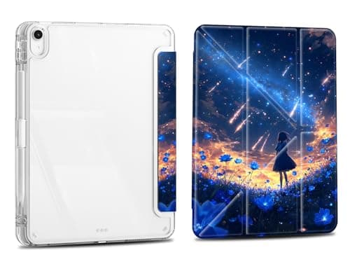Case for iPad 10.2 Inch 9th/8th/7th Gen 2021/2020/2019, iPad Air 3 2019 10.5, Slim Clear Case with Pencil Holder，Multi-Angles Folding Y-Shaped Stand Cover, Blue Flower and Starlight
