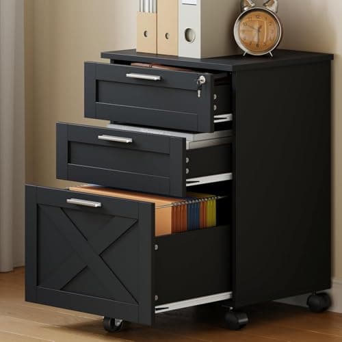 Garvee Under Desk File Cabinet, 3 Drawer Wood Vertical Drawer, Lockable Rolling Storage, Printer Stand with Drawers for Home Office, Fits Legal/Letter/A4 Hanging Files, Black