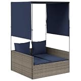 KMUNGDWG Double Sun Lounger with Roof and Curtains, Grey Poly Rattan Outdoor Double Lounger with Thickly Padded Cushions and Removable Washable Cover