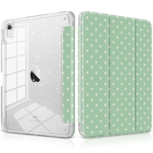 DONGKE for iPad Pro 11 inch Case – Fits M5 2025 / M4 2024, Shockproof Sparkling Glitter Acrylic Back, Pencil Holder, Trifold Stand, Auto Sleep/Wake & Touch ID Support - Green Cross Dot