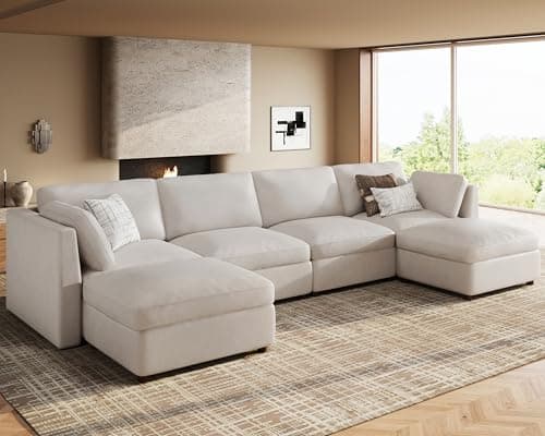 Kalafini Faux Leather Modular Sectional Sofa, Oversized Sectional Couches for Living Room, Extra Large 6 Seater U Shaped Couch, Comfy Luxury Deep Seat Couch, Beige