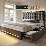 YITAHOME Queen Size Bed Frame with 4 Drawers and RGB LED Lights, Velvet Upholstered Platform Bed with Charging Station and Storage Headboard, No Box Spring Needed, Easy Assembly, Noise-Free, Dark Grey