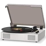 MANGOSTAN White Vinyl Record Player with Built-in Speakers, 3-Speed Belt-Drive Turntable for 7/10/12" Records, Bluetooth Input, RCA/AUX/Headphone Output, Auto Stop, Vintage LP Player