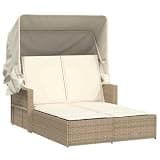 POUFGDR Patio Double Sun Lounger with Adjustable Backrest and Retractable Canopy, Beige Poly Rattan Outdoor Lounge Chair with Thick Cushions and Removable Washable Cover