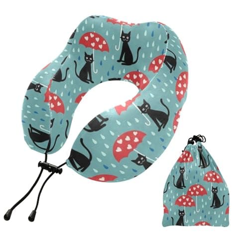 Emelivor Cats Umbrellas Teal Print Travel Pillow Memory Foam Neck Pillow with Storage Bag Portable Neck Support Pillows for Airplane Sleeping Car Plane Office Home Use Travel Essentials