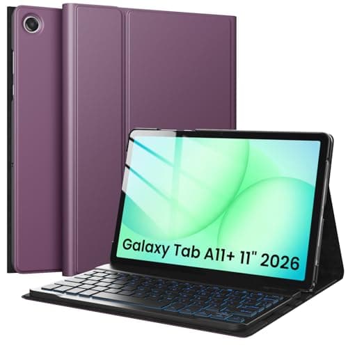 TiMOVO Keyboard Case for Samsung Galaxy Tab A11 Plus 2025 with Pen Slot, Wireless Magnetic Detachable Keyboard with LED Backlight, Dark Purple
