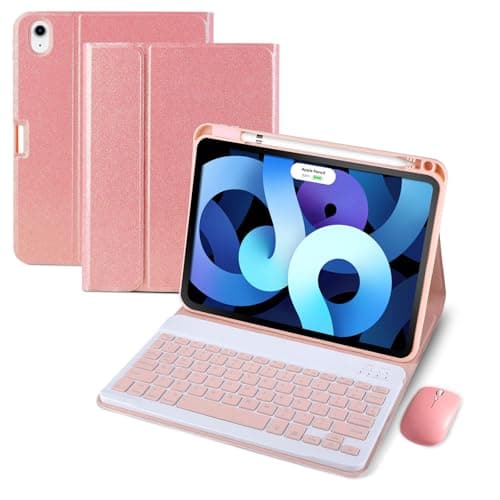 CRAFTFAIRY iPad Case with Keyboard, iPad Cover with Pencil Holder, 7-Color RGB Backlit Detachable USB-C Magnetic Keyboard & Wireless Mouse for iPad 11th/10th-Pink