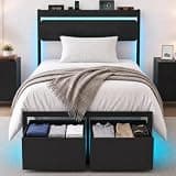 XKLOGER Twin Bed Frames with Drawers, Platform Bed with LED Lights & Charging Station, Wood Headboard, Strong Metal Slats Support, No Box Spring Needed, Noise Free, Easy Assembly
