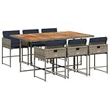 mtlskopl 7-Piece Patio Dining Set, Gray Poly Rattan Outdoor Furniture with Acacia Wood Top Table and 6 Foldable Chairs, Comfortable Cushions for Backyard, Garden, and Deck