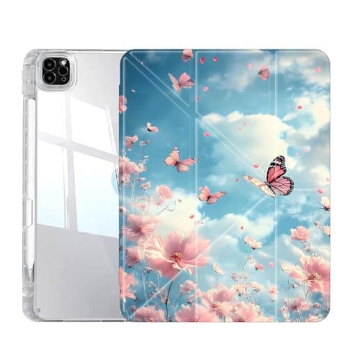 Case for iPad Pro 13 Inch (M5/M4) 2025/2024, Slim Clear Case with Pencil Holder, Multi-Angles Folding Y-Shaped Stand Cover, Butterflies and Pink Flowers