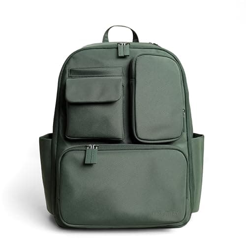 Itzy Ritzy Utility Diaper Bag Backpack – Features 17 Pockets (Including 2 Insulated Bottle Holders) & Trolley Sleeve and Includes Stroller Straps & Changing Pad – Part of the Belong Collection (Green)