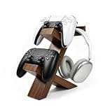 ASFSKY Wood Controller Holder and Headphone Stand, 3-in-1 Universal Gaming Accessories Organizer for PS5/Xbox Series/Switch, Dual Game Controller Stand with Non-Slip Base, Gaming Equipment for Desk