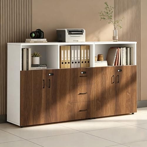 HSHBDDM File Cabinet with Password Lock, Wood Lateral Filing Cabinet for Letter/A4 Files, 3 Drawer with Door, Printer Stand with Open Shelves for Home Office
