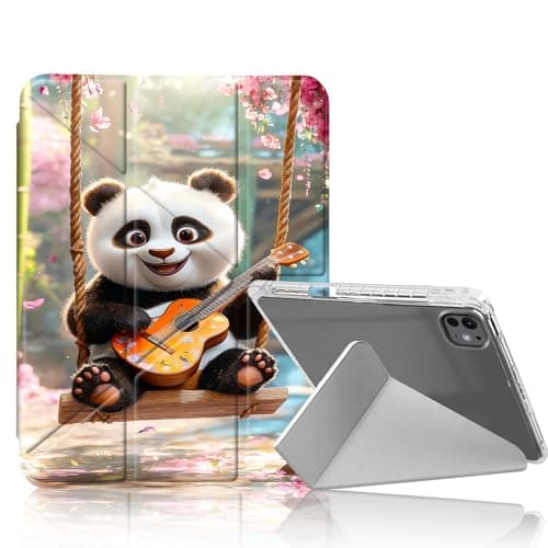 DISUOFEART for iPad Pro 11 inch Case 2024, Panda Cub Playing Ukulele on Swing Stylish Clear Protective Cover with Pencil Holder, Multi-Angle Folding Y-Shaped Stand & Auto Sleep/Wake Function