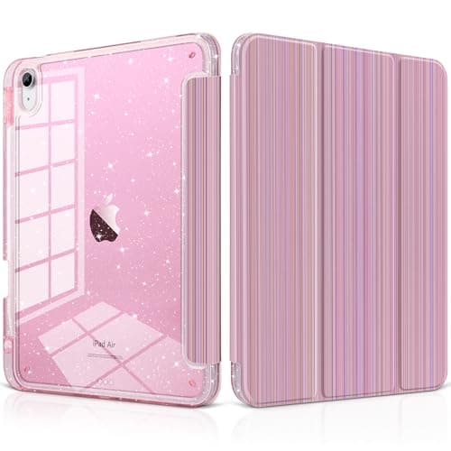 MEEgoodo for iPad Air 11 inch Case M4 2026/M3 2025/M2 2024, Case for iPad Air 5th/4th Gen 2022/2020, Glitter Tablet Cover with Clear Acrylic+Pencil Holder+Auto Wake/Sleep,Pink Yellow Slim Lines