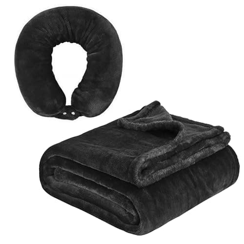 Beisto 2 in 1 Neck Pillow with Blanket, Soft Flannel Multi-Functional Travel Combo, Portable Warm Neck Pillow Set for Airplane, Car and Camping Travel,Black