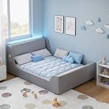 Glirun Full Floor Bed, Velvet Full Size Bed Frame with LED Wingback Headboard and Curve Design, No Box Spring Needed, Grey