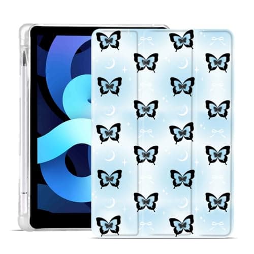 MAYCARI Butterfly Moon Bow Case for iPad 10.2 inch,Cute Tablet Cover for iPad 9th/8th/7th Generation 2021/2020/2019 with Pencil Holder+Auto Sleep/Wake+Trifold Stand,Blue Leather Soft TPU Back Shell
