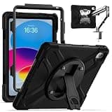 Compatible with iPad (A16) 11th/10th Generation 2025/2022 (11″/10.9″) Case,Sturdy Kids Shockproof Cover with Built-in Screen Protector,Pencil Holder,Kickstand & Detachable Shoulder Strap(Black)