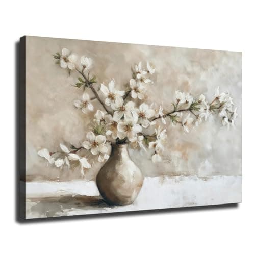 LXZNRQU Neutral Beige Wall Art, Vintage Flowers Rustic Botanical Wall Decor, Still Life Cottagecore Oil Painting Style Framed Poster Ready To Hang (Wrapped Canvas,16×24 inch)